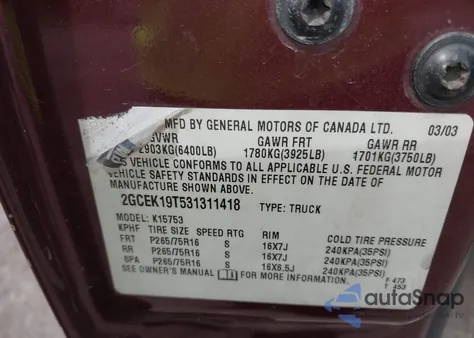 2003 Chevrolet Silverado 1500 Ls z USA, uszkodzony, nr VIN 2GCEK19T531311418